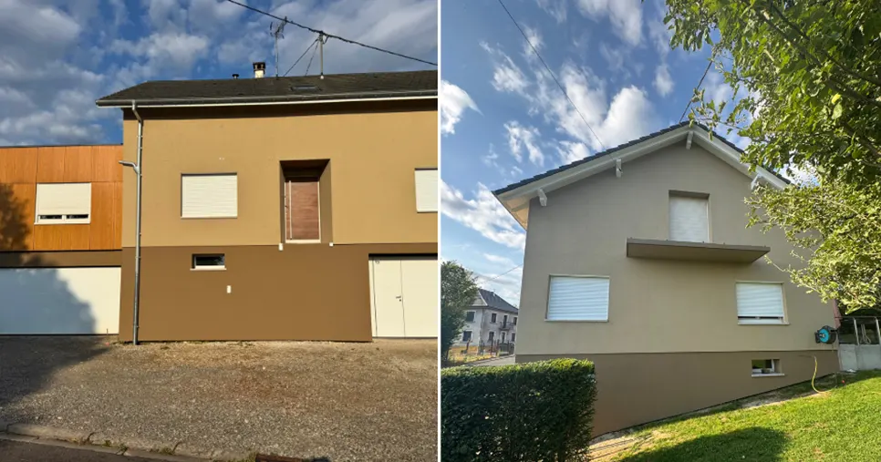Maison rénovée à Strueth : isolation extérieure avec finition bicouleur et ravalement de façade par Peinture Sospera, façadier RGE du Sundgau.